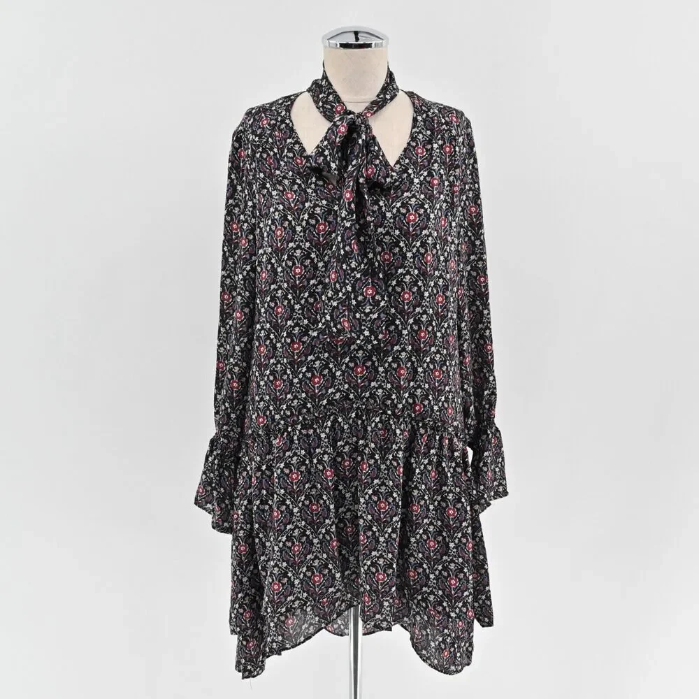 JOIE Dress Sz S Jamira Black Floral Silk Tie Neck Bell Sleeve Ruffle Mini Ditsy‎
